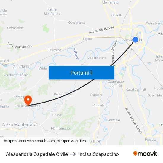 Alessandria Ospedale Civile to Incisa Scapaccino map