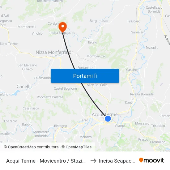 Acqui Terme - Movicentro / Stazione FS to Incisa Scapaccino map