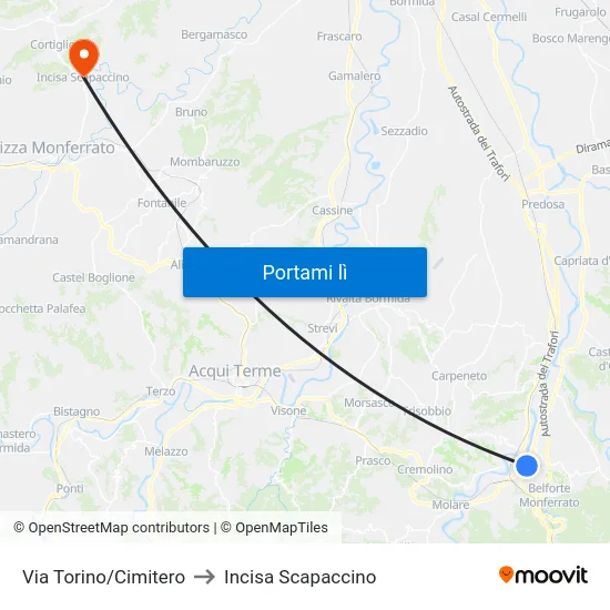 Via Torino/Cimitero to Incisa Scapaccino map