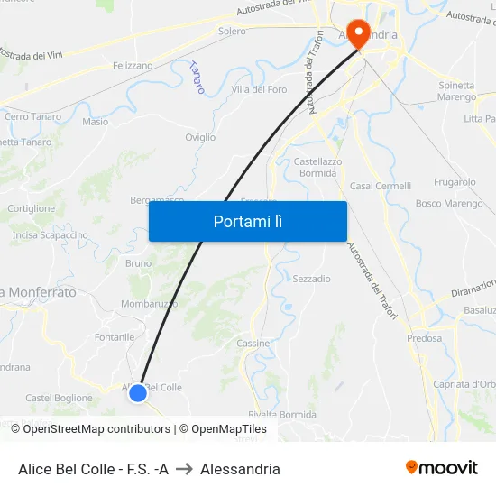 Alice Bel Colle - F.S. -A to Alessandria map