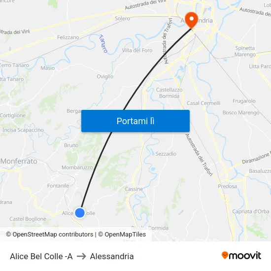 Alice Bel Colle -A to Alessandria map