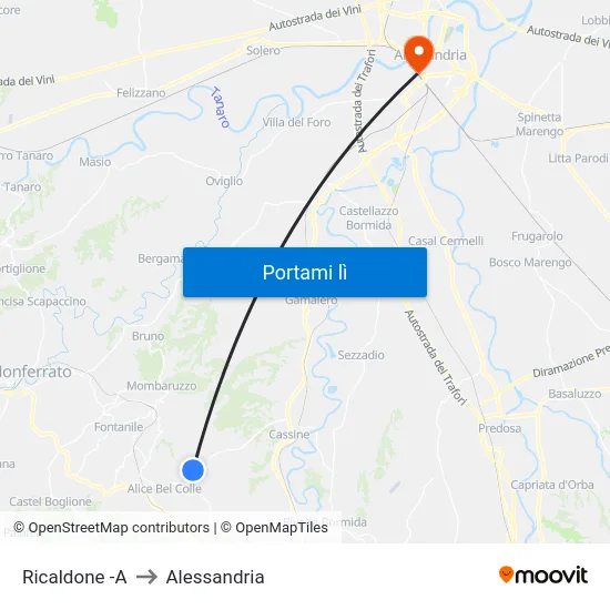 Ricaldone -A to Alessandria map