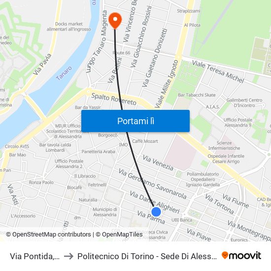 Via Pontida, 33 to Politecnico Di Torino - Sede Di Alessandria map