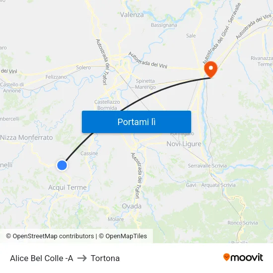 Alice Bel Colle -A to Tortona map