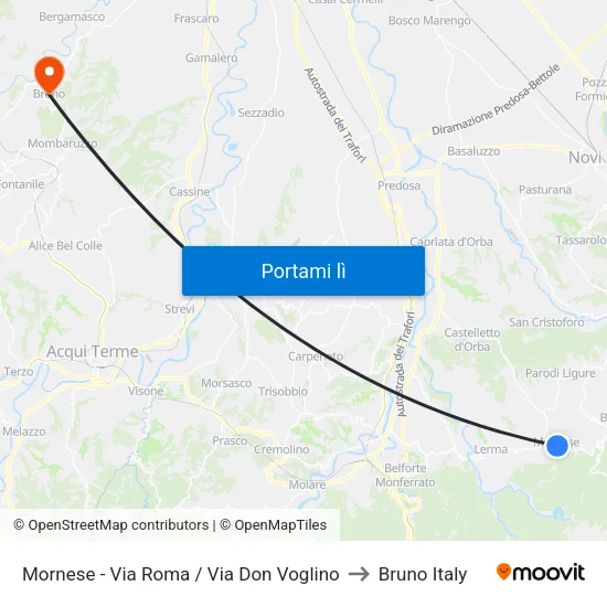 Mornese - Via Roma / Via Don Voglino to Bruno Italy map