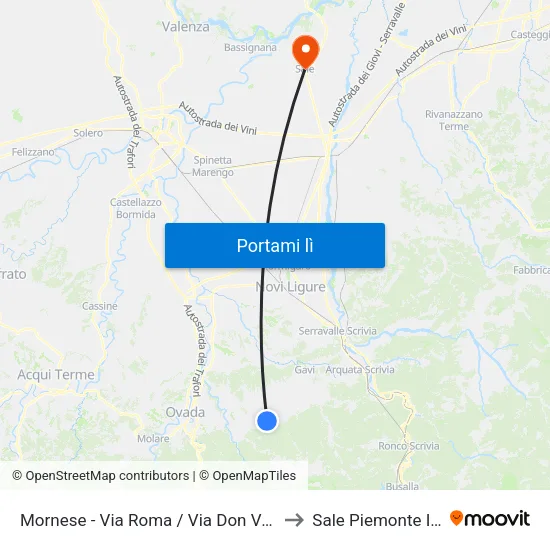 Mornese - Via Roma / Via Don Voglino to Sale Piemonte Italy map