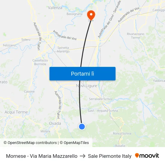 Mornese - Via Maria Mazzarello to Sale Piemonte Italy map