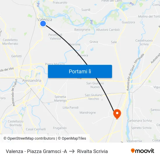 Valenza - Piazza Gramsci -A to Rivalta Scrivia map