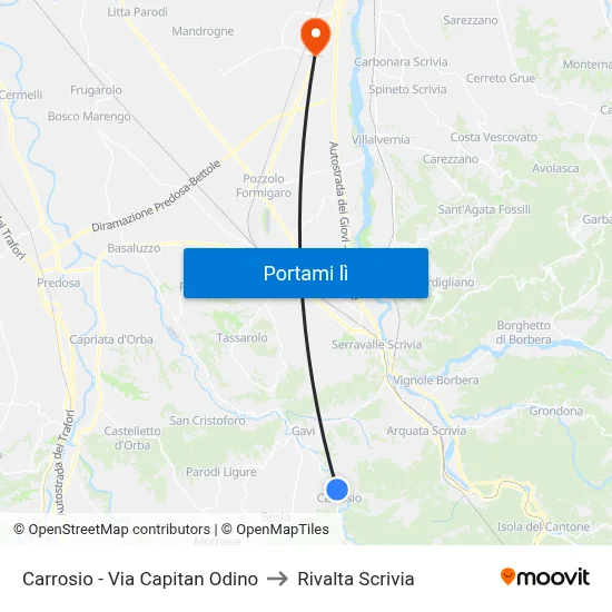 Carrosio - Via Capitan Odino to Rivalta Scrivia map