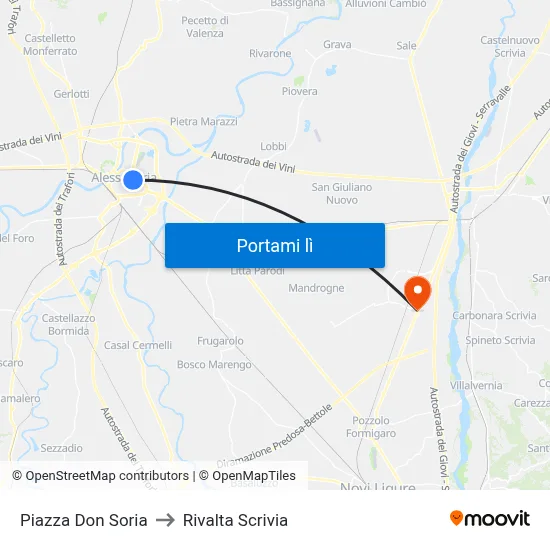 Piazza Don Soria to Rivalta Scrivia map
