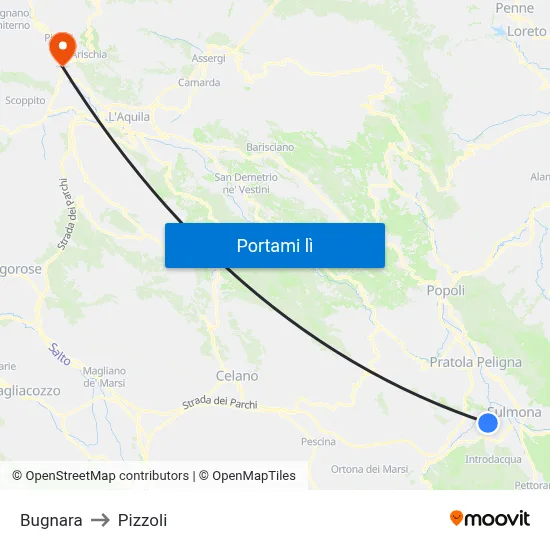 Bugnara to Pizzoli map