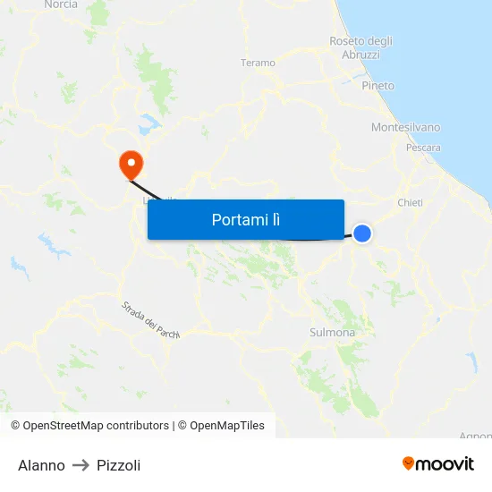 Alanno to Pizzoli map