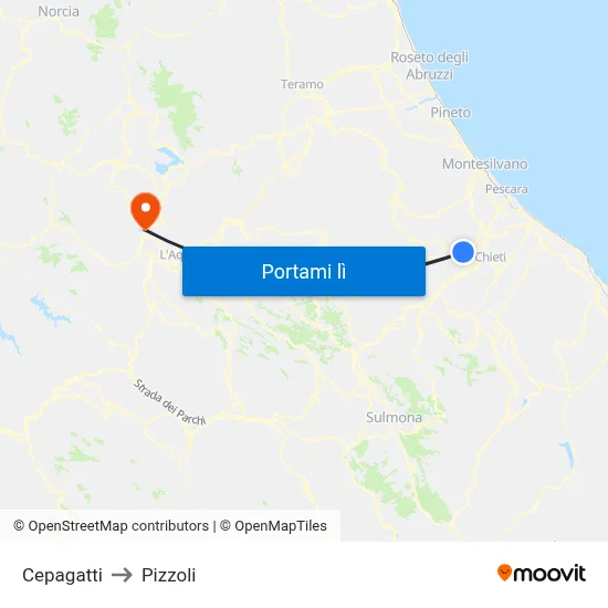 Cepagatti to Pizzoli map