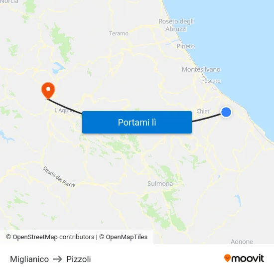 Miglianico to Pizzoli map