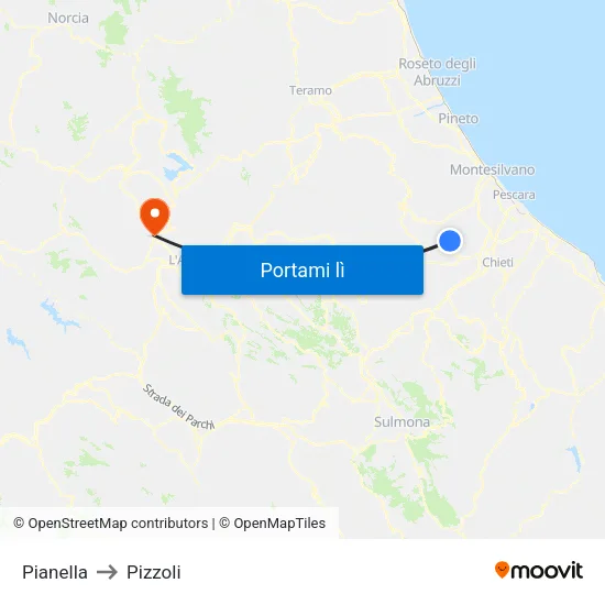 Pianella to Pizzoli map