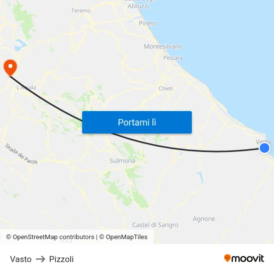 Vasto to Pizzoli map