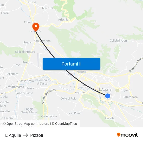 L' Aquila to Pizzoli map