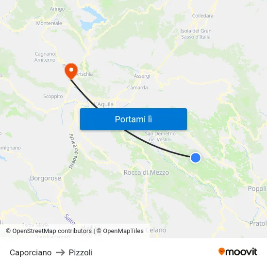 Caporciano to Pizzoli map