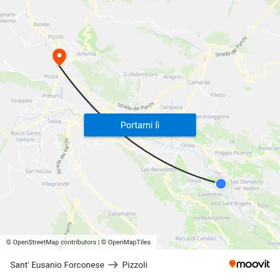 Sant' Eusanio Forconese to Pizzoli map