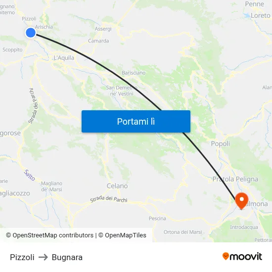 Pizzoli to Bugnara map