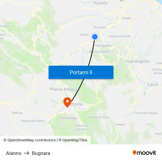 Alanno to Bugnara map