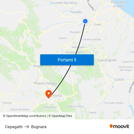 Cepagatti to Bugnara map