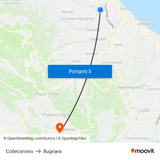 Collecorvino to Bugnara map