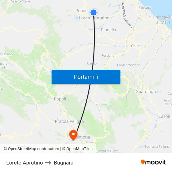 Loreto Aprutino to Bugnara map