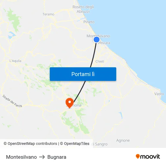 Montesilvano to Bugnara map