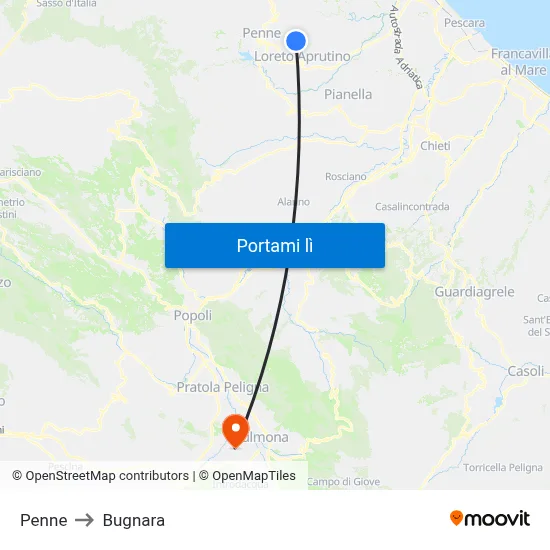 Penne to Bugnara map