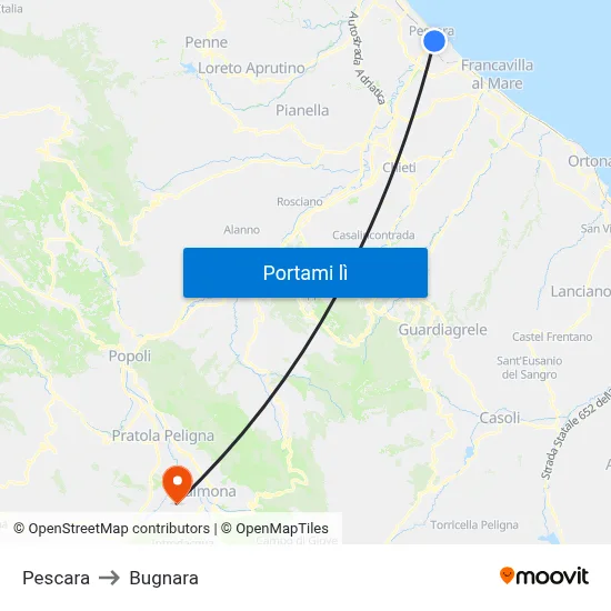 Pescara to Bugnara map