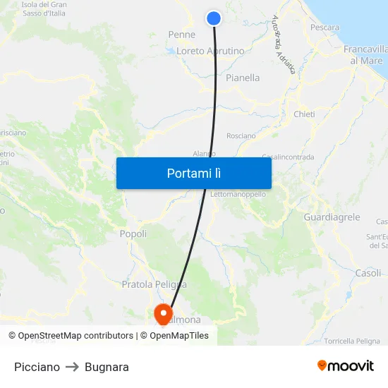 Picciano to Bugnara map