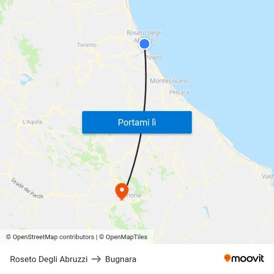 Roseto Degli Abruzzi to Bugnara map