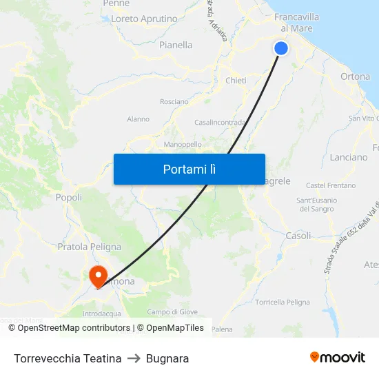 Torrevecchia Teatina to Bugnara map