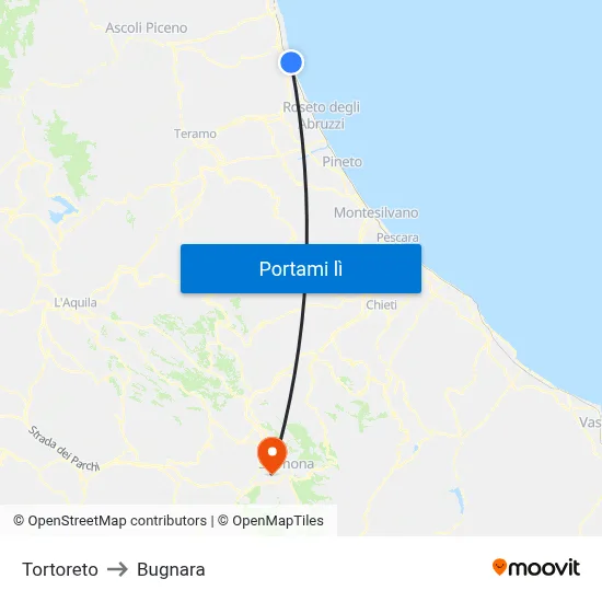 Tortoreto to Bugnara map