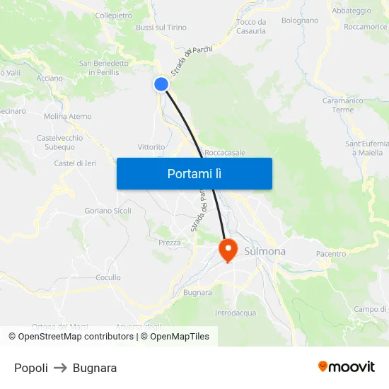 Popoli to Bugnara map