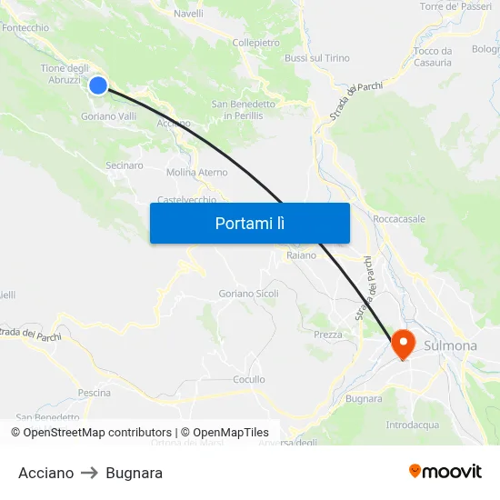 Acciano to Bugnara map