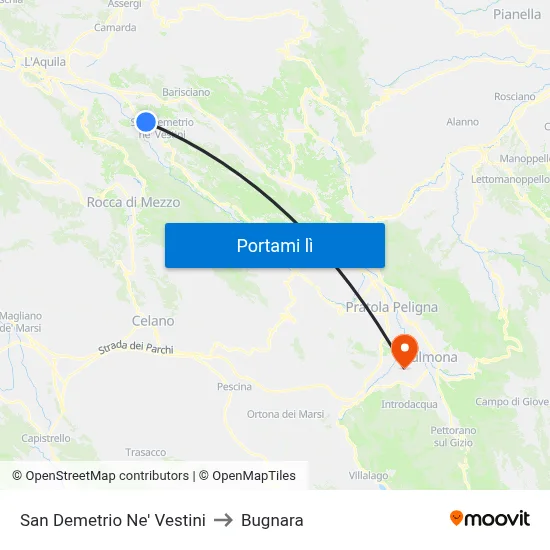 San Demetrio Ne' Vestini to Bugnara map