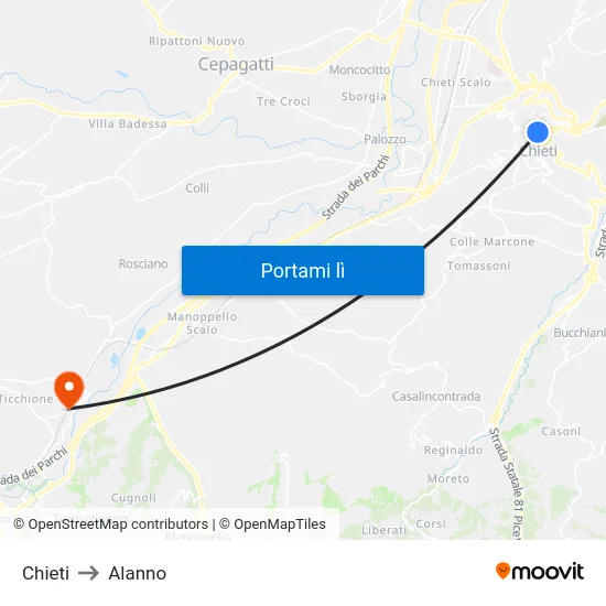 Chieti to Alanno map
