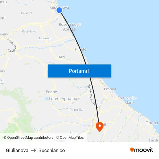 Giulianova to Bucchianico map