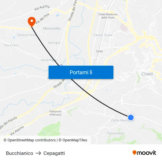 Bucchianico to Cepagatti map