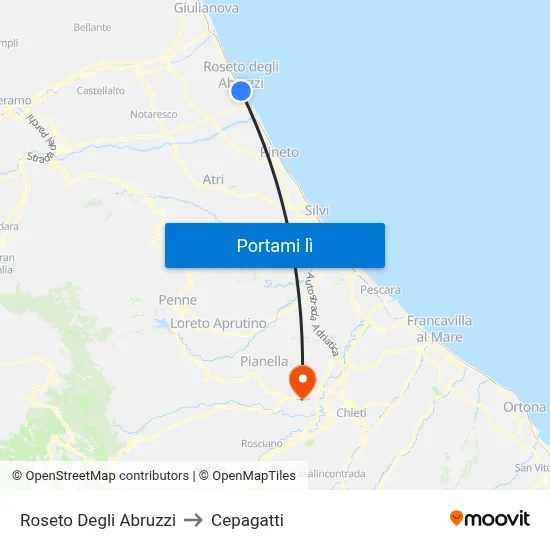 Roseto Degli Abruzzi to Cepagatti map