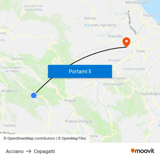 Acciano to Cepagatti map