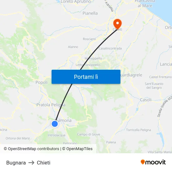 Bugnara to Chieti map