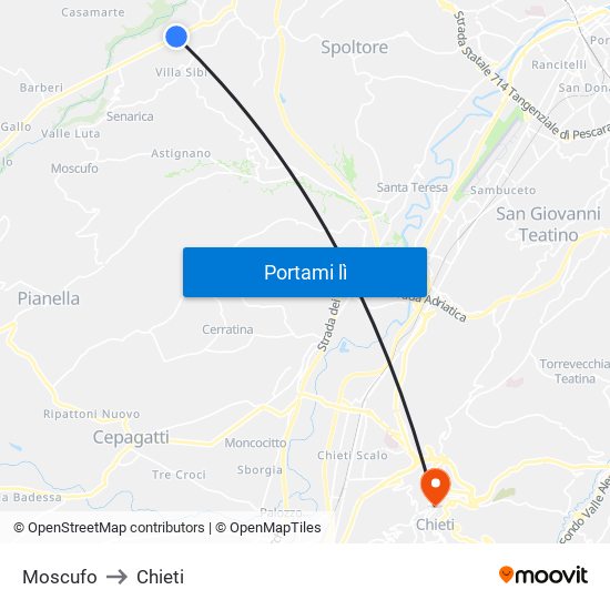 Moscufo to Chieti map