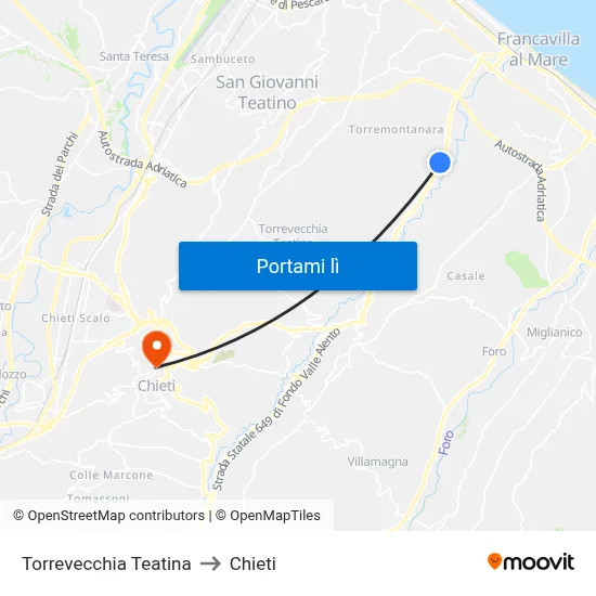 Torrevecchia Teatina to Chieti map