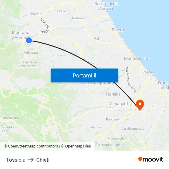 Tossicia to Chieti map