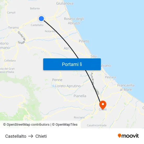 Castellalto to Chieti map