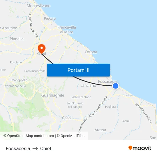 Fossacesia to Chieti map