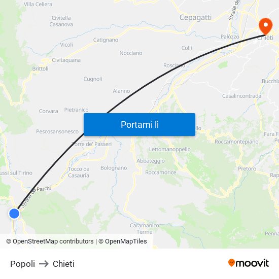 Popoli to Chieti map